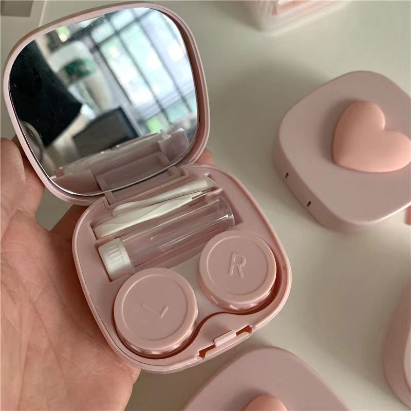 简约马卡龙色隐形眼镜盒可爱ins美瞳盒子便携带镜子爱心眼镜盒zy