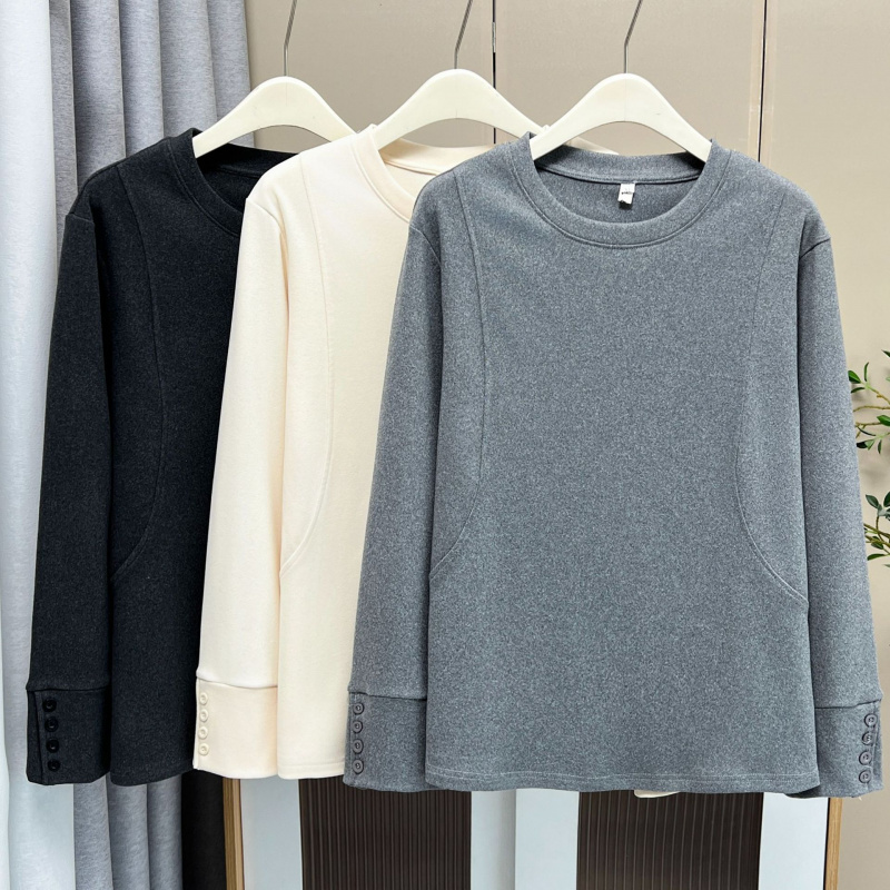 200斤大码女秋冬胖妹妹休闲显瘦立体裁剪袖口纽扣德绒三色打底衫