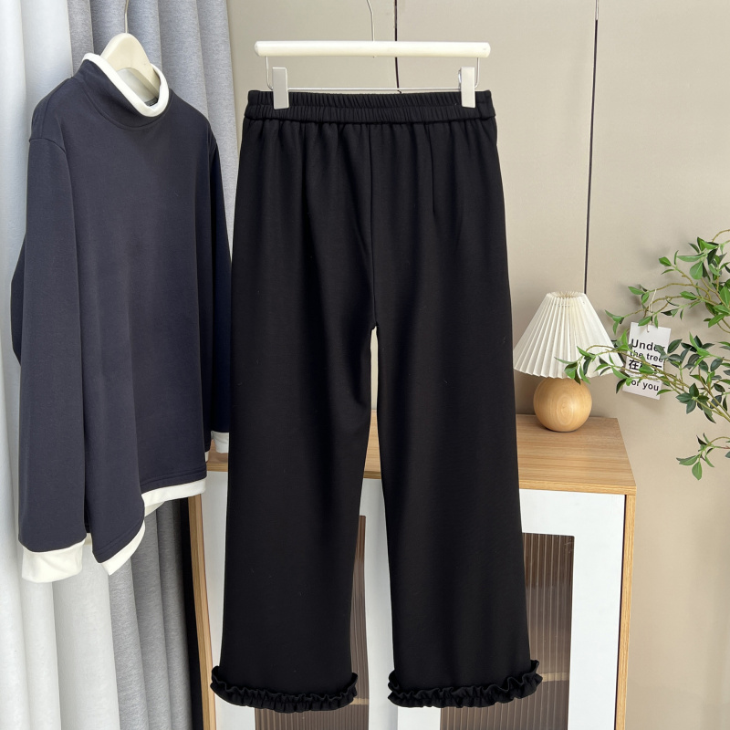 大码直筒裤女200斤胖mm秋冬加绒松紧腰裤脚花边显瘦九分休闲裤