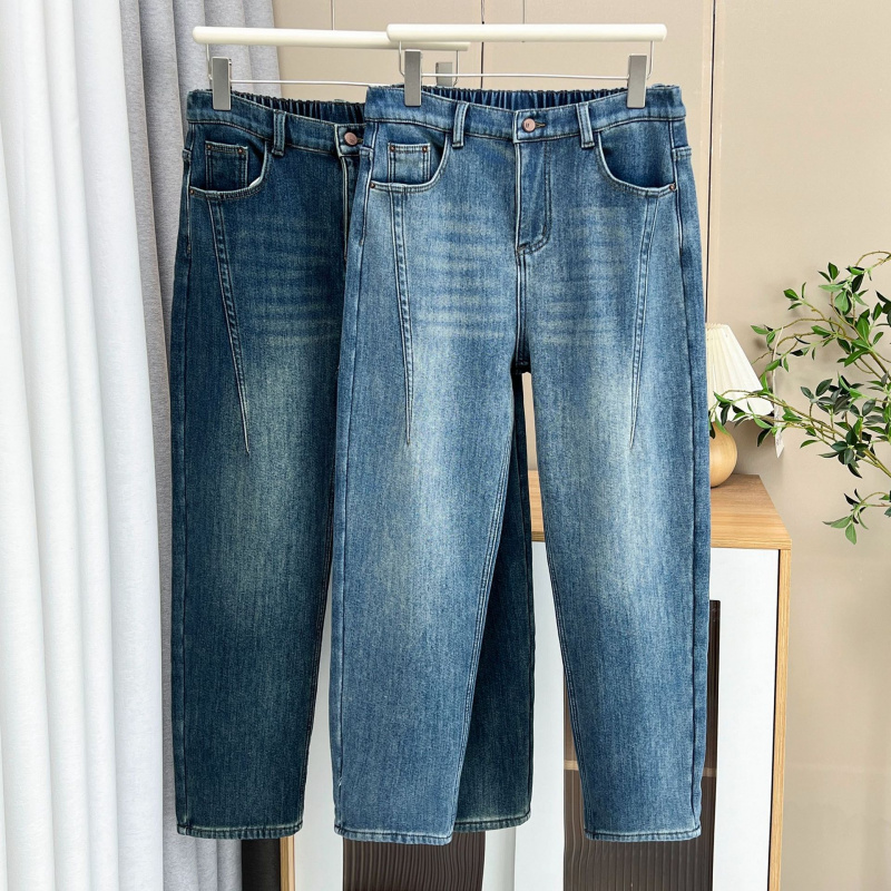 大码牛仔裤女秋冬复古水洗高腰萝卜裤宽松遮肉瘦胖mm直筒垂感长裤