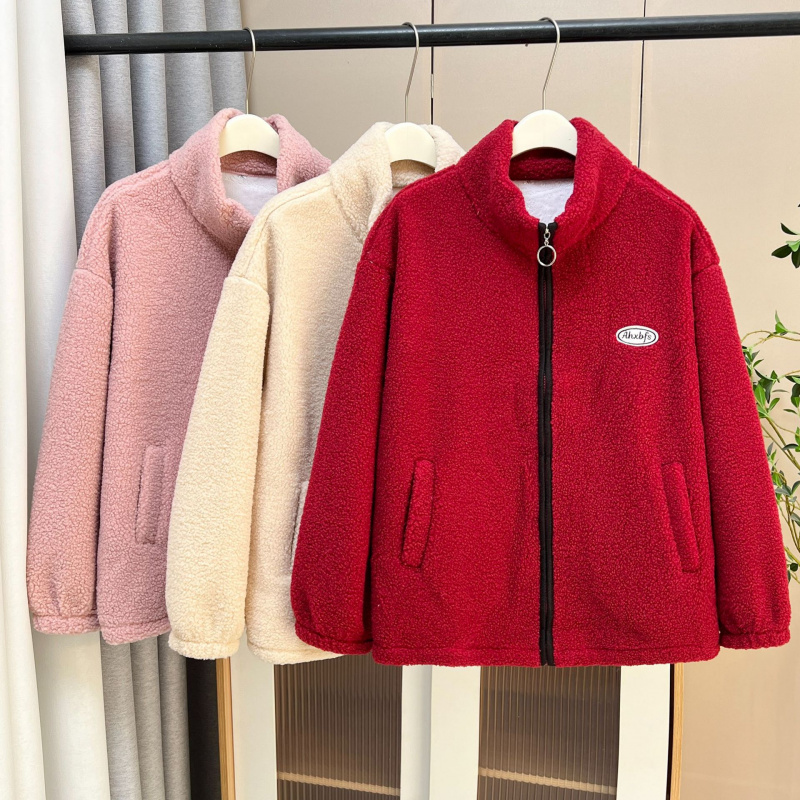 大码加绒外套女200斤胖mm秋冬宽松立领保暖百搭贴标毛绒棉衣外套