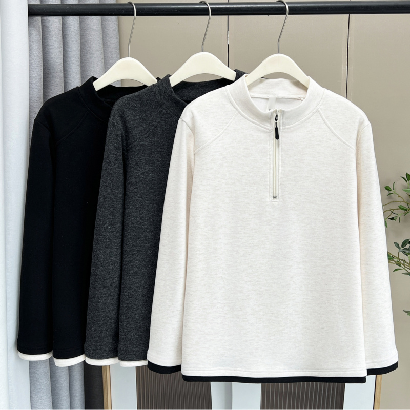 大码女秋冬新款胖MM简约百搭拼色加绒半拉链立领打底衫内搭T恤