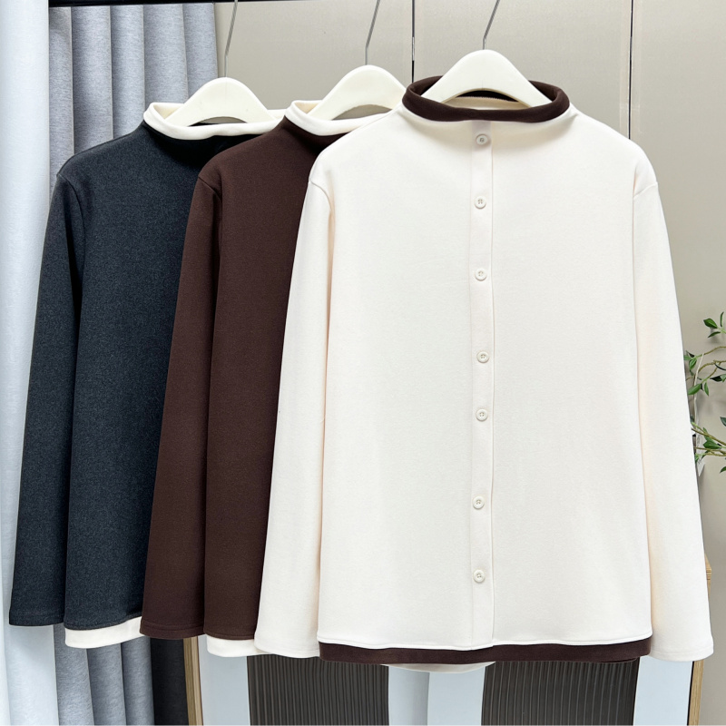 大码撞色半高领上衣女2025秋冬德绒保暖宽松遮肉休闲百搭内搭T 恤