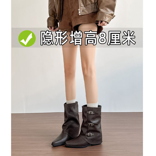 马丁靴女2026新款美拉德内增高尖头舒适的软皮西部牛仔骑士靴子