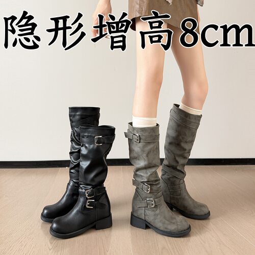 内增高复古褶皱裤管长筒靴女英伦风粗跟显瘦褶皱堆堆长靴骑士靴子
