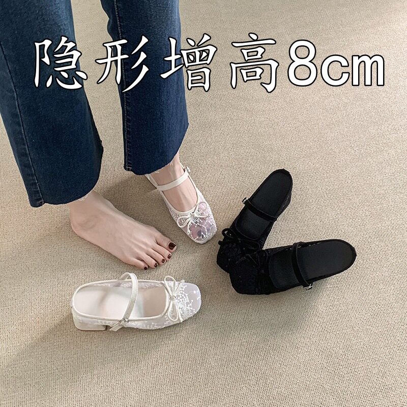 内增高包头半拖蕾丝镂空蝴蝶结芭蕾舞鞋女气质透气软底玛丽珍单鞋