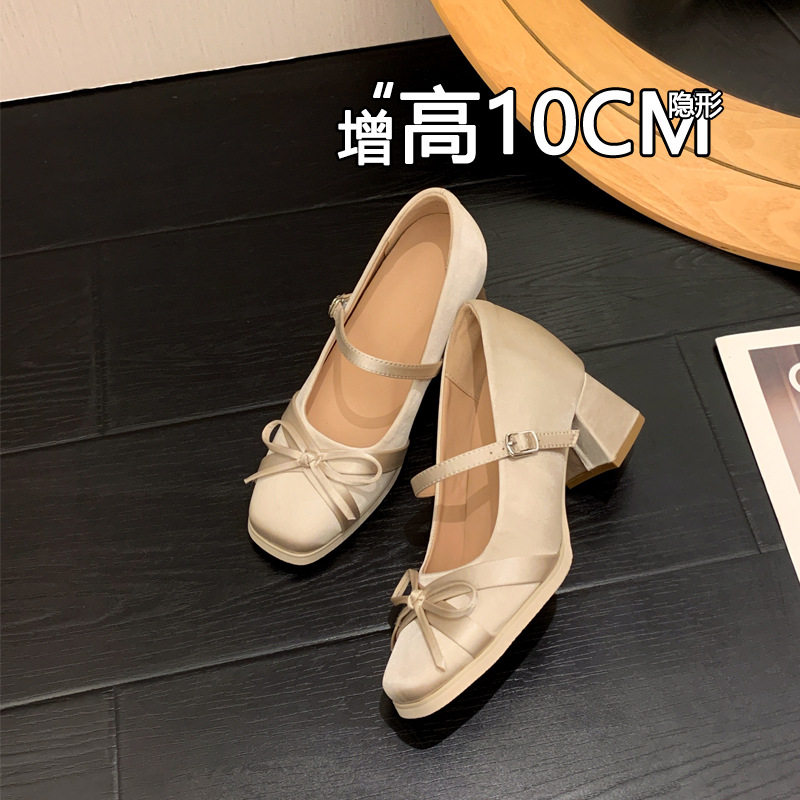 小个子10cm仙女风蝴蝶结内增高玛丽珍鞋粗跟一字带防水台高跟单鞋
