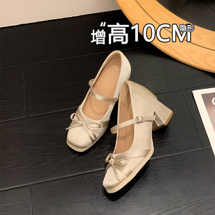 小个子10cm仙女风蝴蝶结内增高玛丽珍鞋粗跟一字带防水台高跟单鞋