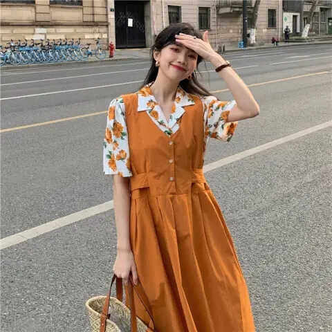 大码女装胖妹妹可盐可甜透气花衬衫排扣气质显瘦背带连衣裙套装夏