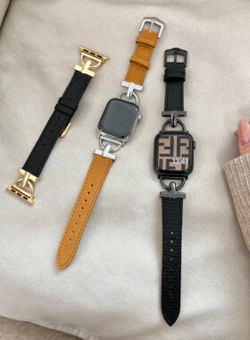 适用iwatch7表带苹果手表表带金属扣拼接皮质创意applewatch654321/se真皮小众45/41mm秋冬潮女新款高级ins风