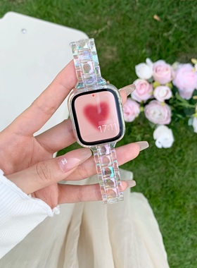 适用applewatch7表带人鱼姬透明iwatch8苹果手表se/1/2/3/456代PVC镭射冰川表带新款女式保护壳膜45/41mm夏季