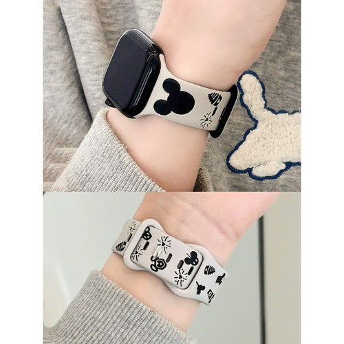 适用iWatchs10代表带applewatch9硅胶女款苹果手表s87浮雕运动透气SE雕刻米奇可爱5/6/7创意42/46mm卡通Ultra