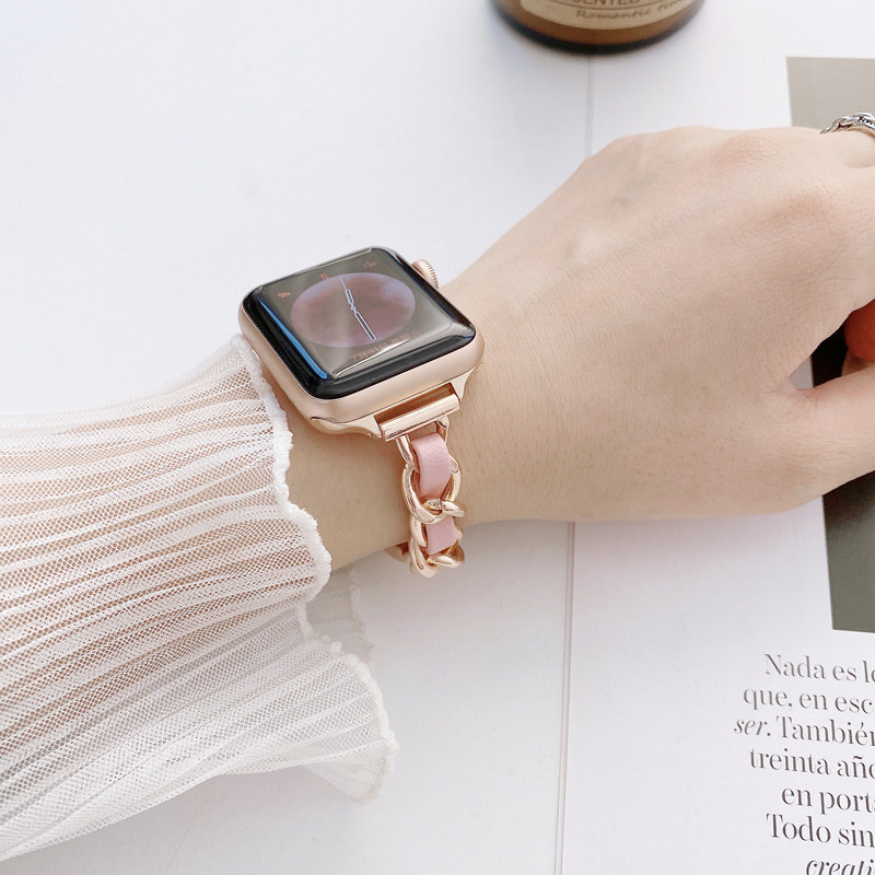 iwatch6/1/2/3/4/5代apple watch se表带皮质金属牛仔链条女生40/44