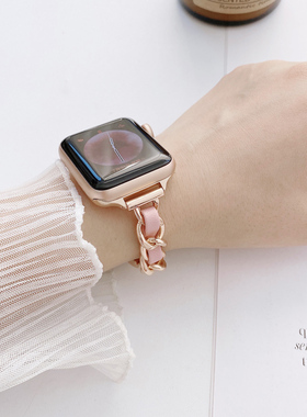 适用苹果小香风表带iwatch6/1/2/3/4/5代apple watch se表带皮质金属牛仔链条女生40/44/42/38mm创意个性潮牌