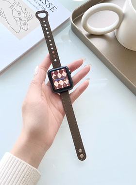 适用applewatch78表带皮质双钉细款苹果手表se真皮表带iwatch6小蛮腰简约纯色表带5/4/3/2/1创意ins风41/45mm