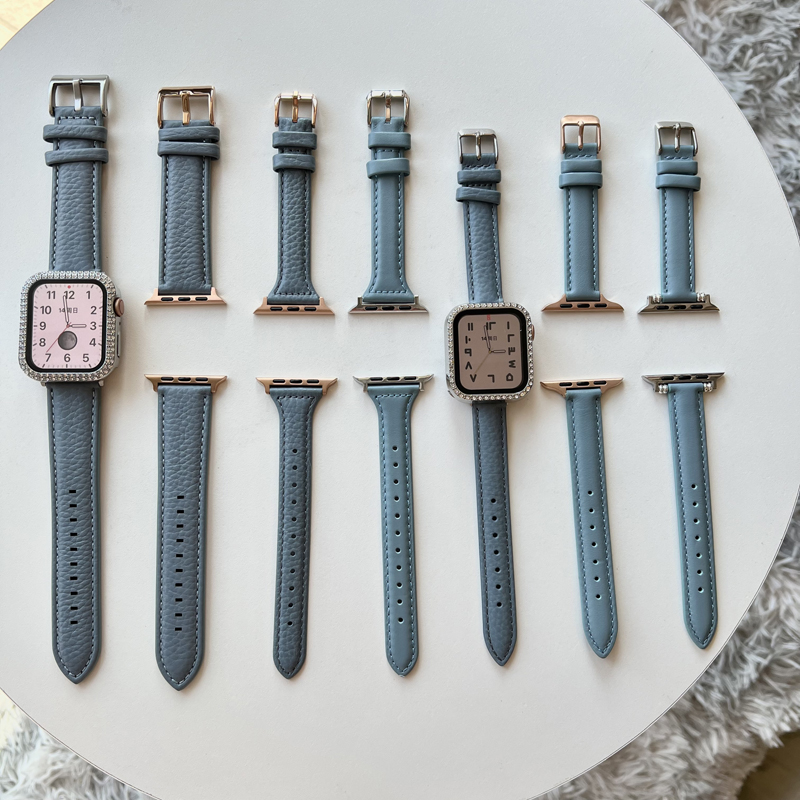 适用iwatch7真皮表带apple watch6荔枝纹表带皮质苹果手表54321/se男女款简约雾霾蓝表带38/42/40/44/41/45mm