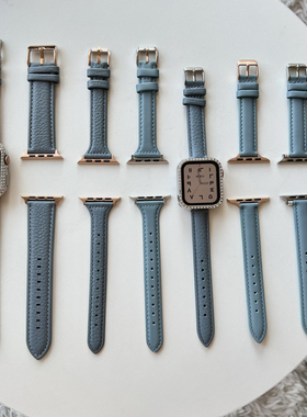 适用iwatch7真皮表带apple watch6荔枝纹表带皮质苹果手表54321/se男女款简约雾霾蓝表带38/42/40/44/41/45mm