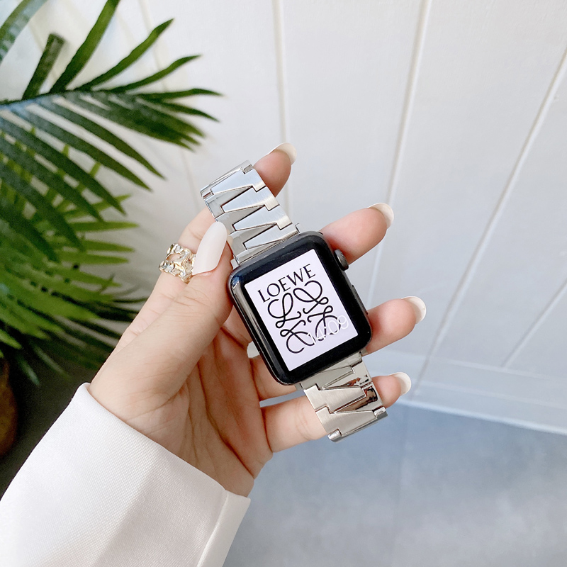 适用苹果手表金属表带applewatch7齿纹重工不锈钢带男女款iwatch6表带苹果手表5/4/3/2/1/se金属表带小众个性