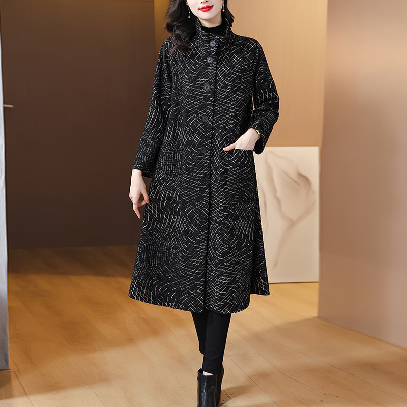 别致图案肌理感提花中长款过膝厚风衣外套女秋冬时尚妈妈显瘦大衣