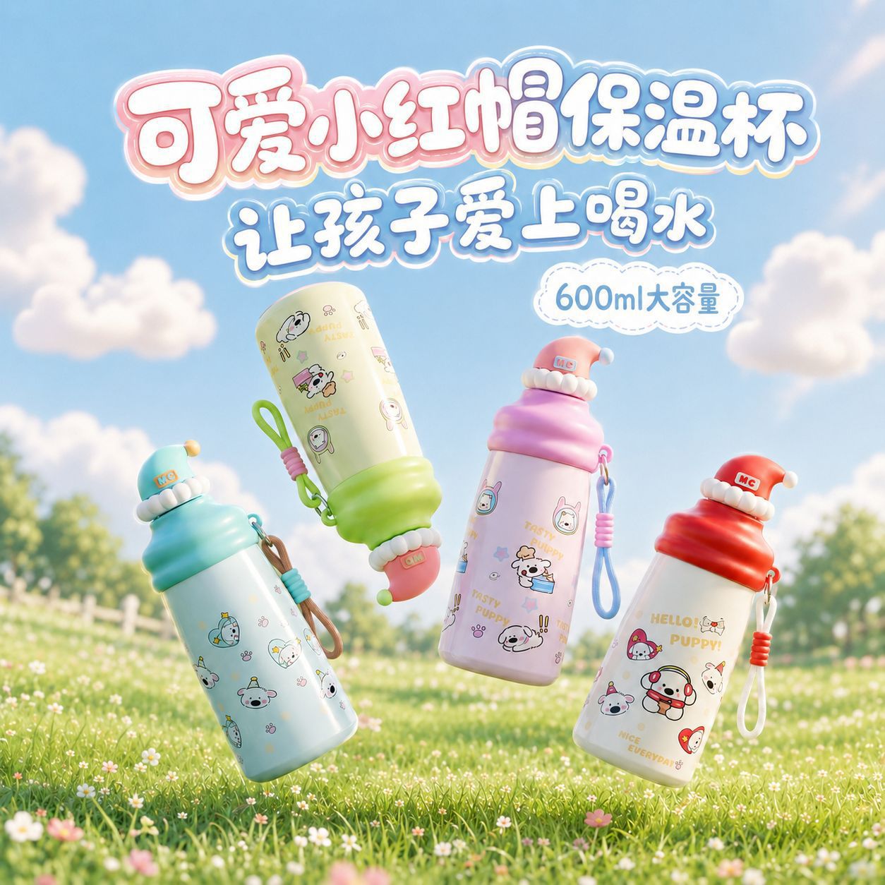 卡通可爱儿童吸管保温杯大容量带提绳水杯高颜值萌趣便捷保温杯