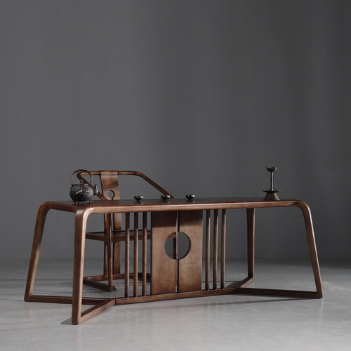 新中式黑胡桃实木新款中国风仿古禅意家具茶台茶桌椅组合书画桌