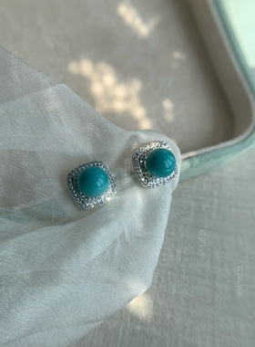 人工高瓷绿松石蓝绿色围镶通勤OL气质925银针耳钉耳环干练清爽