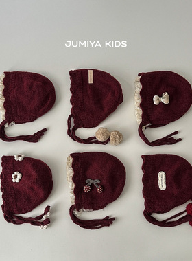 婴儿喜庆红色帽子冬季女宝宝保暖防风加厚毛线帽1岁外出防风帽韩