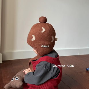 复古小月亮宝宝帽子秋冬男孩可爱洋气1 3岁加棉护耳帽冬天毛线帽