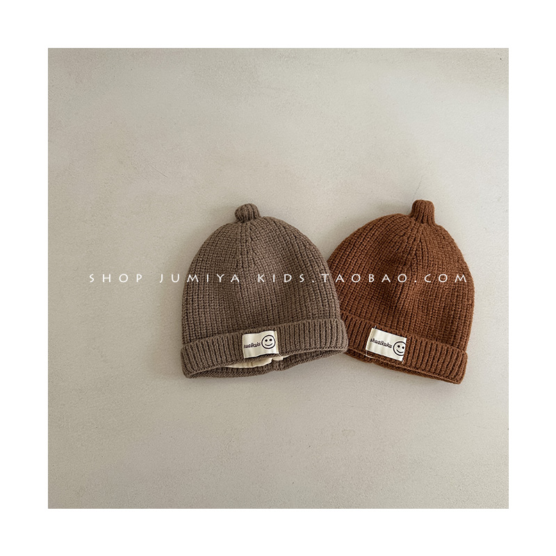 婴儿毛线帽秋冬款ins韩国笑脸男童加棉奶嘴帽冬季针织男宝宝帽子