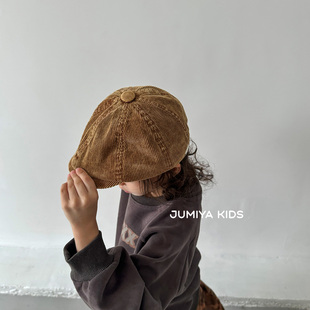 复古灯芯绒儿童前进帽凹造型搭配男孩前进帽秋冬款纯色鸭舌贝雷帽