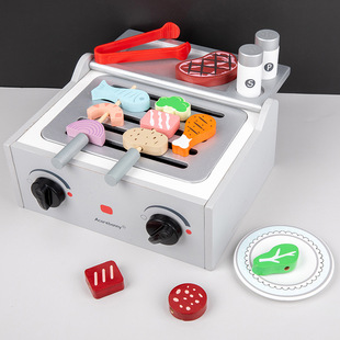 仿真烧烤炉烤串牛排夜宵3-6岁宝宝男女孩过家家户外木质摆摊玩具