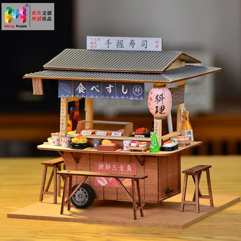 diy手工制作木质食玩场景dollhouse娃娃屋配件日式寿司店车仔