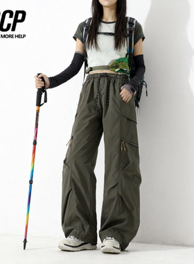 春秋冲锋裤工装军绿色阔腿裤女中高腰系绳直筒裤宽松垂感休闲裤潮