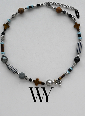 WY新款原创设计虎眼石黑玛瑙大溪地珍珠项链小众设计锁骨链甜酷风