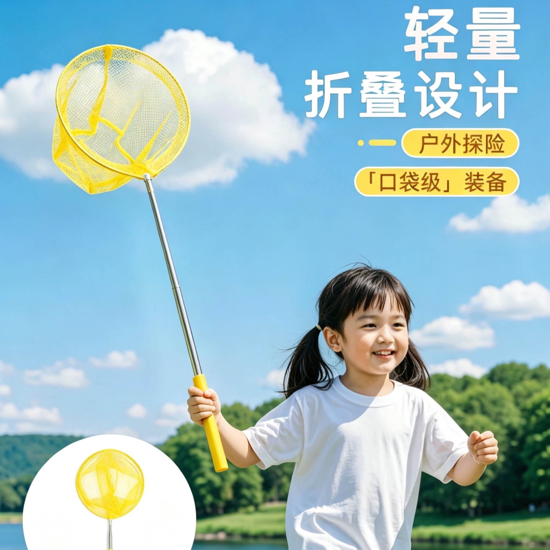 捞鱼网儿童可伸缩鱼网兜户外捕虫网抄网小孩渔网折叠水桶沙滩玩具