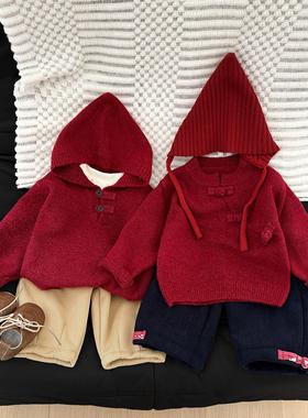 冬装男女宝宝新年加厚毛衣红色中国风盘扣立领婴儿新中式过拜年服