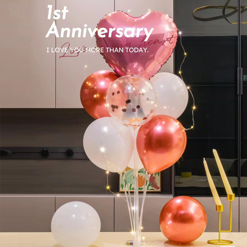网红生日布置爱心铝膜气球桌飘仪式感拍照天津爱心玫红色黑色桌飘