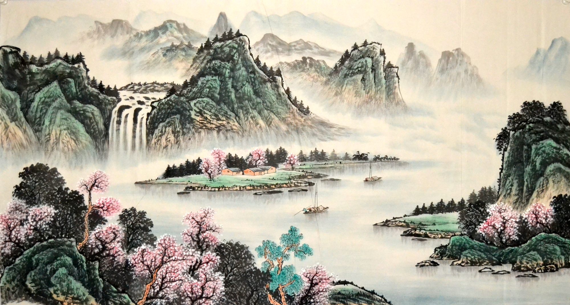 大六尺横幅国画无款桃花春景山水画字画挂画手绘风景中式客厅装饰