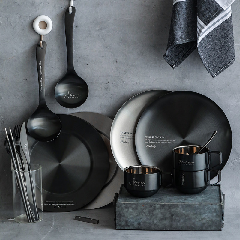 FJ北欧ins餐厅商用304不锈钢餐盘菜盘刀叉勺咖啡水杯调料碗可定制,餐饮具,西餐餐具套装,淘宝优惠券,粉丝福利购,淘宝优惠卷