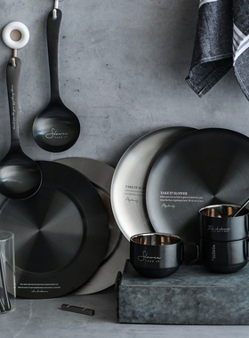 FJ北欧ins餐厅商用304不锈钢餐盘菜盘刀叉勺咖啡水杯调料碗可定制