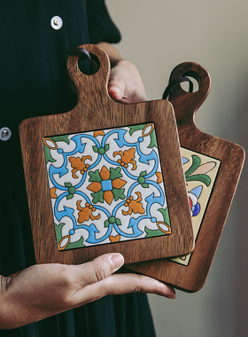 LD北欧ins复古相思木花砖耐高温桌面隔热垫锅垫防烫餐垫带把手