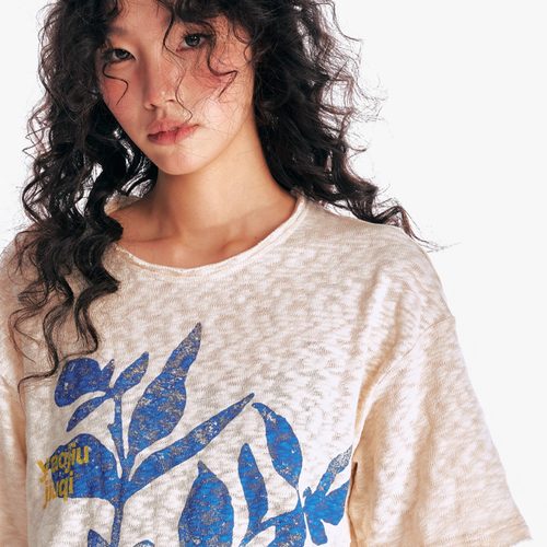 药九玖柒“麻油叶”做旧棉麻短袖T恤显瘦宽松印花上衣/1997邮政局