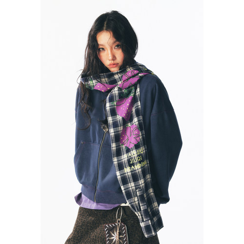 药九玖柒“珠链草莓”自带围巾 开衫卫衣长袖宽纹帽衫/1997邮政局