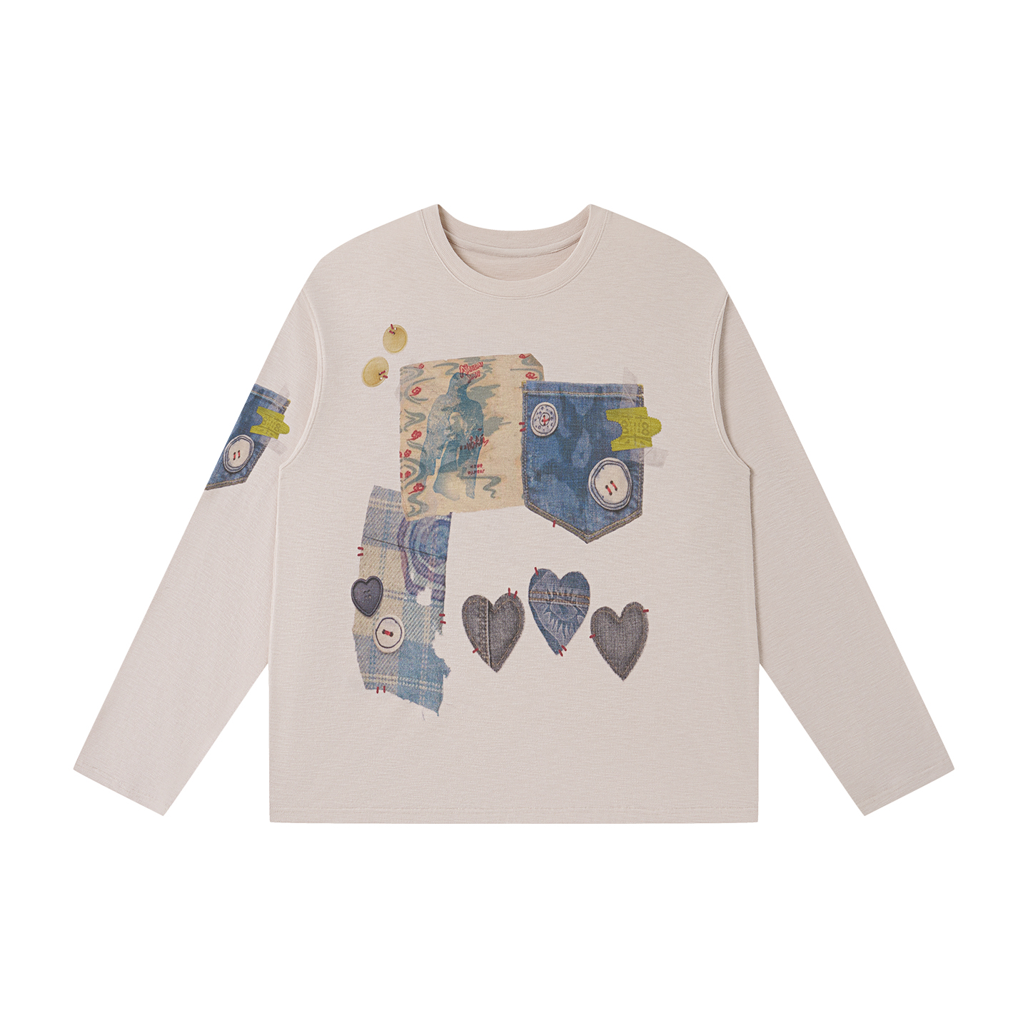 药九玖柒 “百家布”数码直喷肌理感宽松t恤圆领长袖/1997邮政局