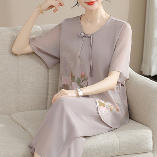 新中式妈妈夏装雪纺套装中老年妇女洋气上衣2026新款夏季短袖T恤
