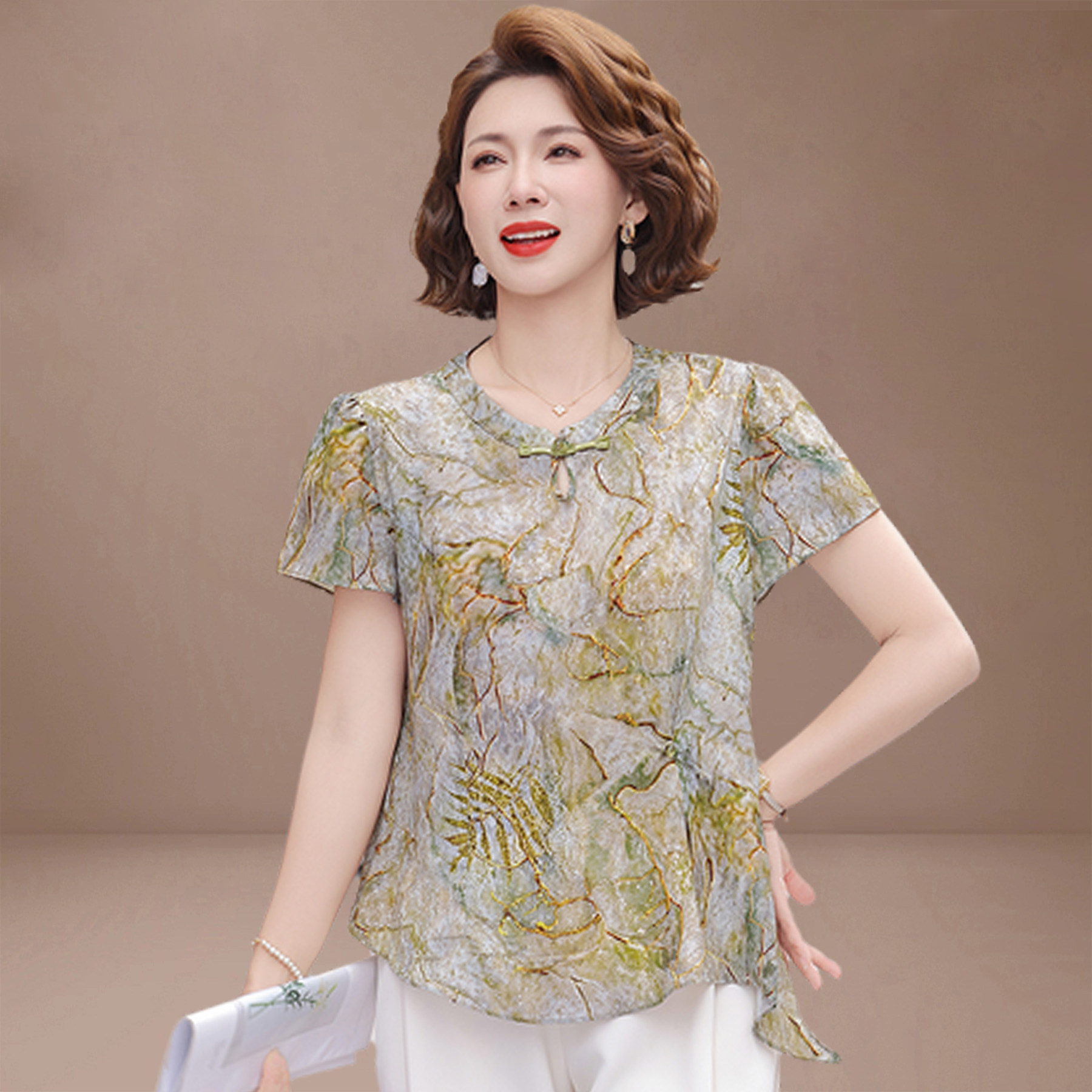 妈妈夏装短袖小衫2026新款中老年女装夏季雪纺套装贵妇人两件套