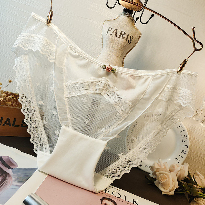 欧美性感微透蕾丝刺绣网纱高弹中腰大码棉内裆女士内裤纯欲速干