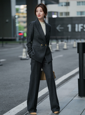 25秋冬新款厚款深灰色羊毛呢料职业正装西装套装修身直筒裤西服女