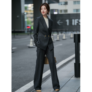 西装 深灰色羊毛呢料职业正装 套装 修身 西服女 2024冬新款 直筒裤 厚款