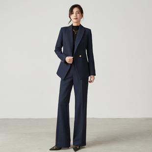 套装 欧美秋冬新款 上衣外套OL直筒裤 羊毛人字纹西装 女 藏青藏蓝厚款